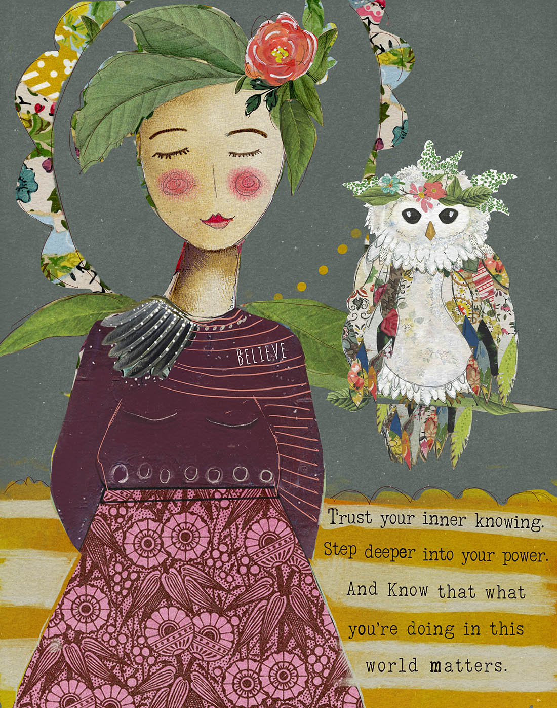 new print, woman with owl, trust your inner knowing, step deeper into your power, and know that what you're doing in this world matters